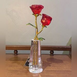 TAHARI 12in Red Crystal Rose With Clear Crystal Vase Home Decor NWT